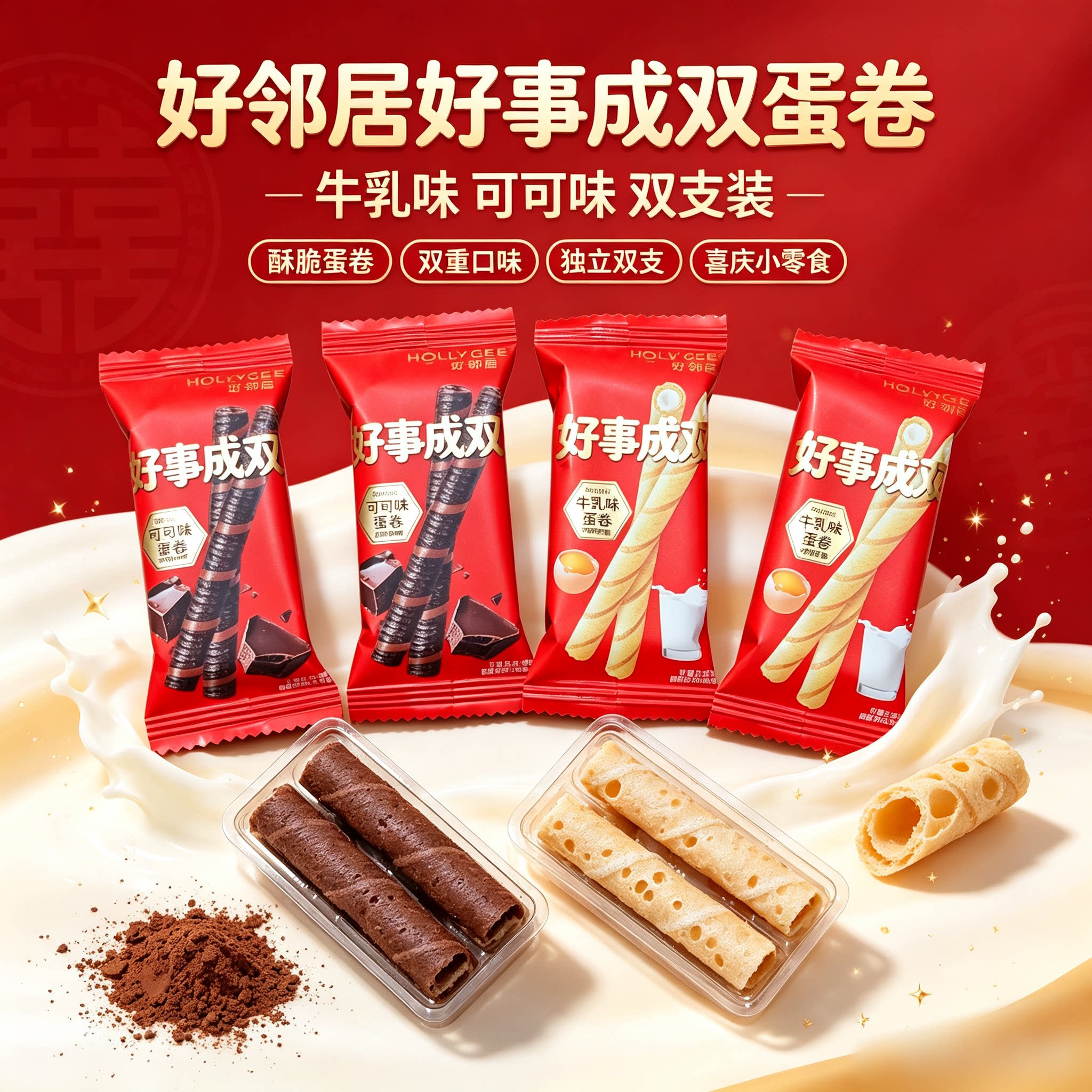 好邻居好事成双可可味牛乳味蛋卷散装休闲零食小吃结婚喜饼干年货