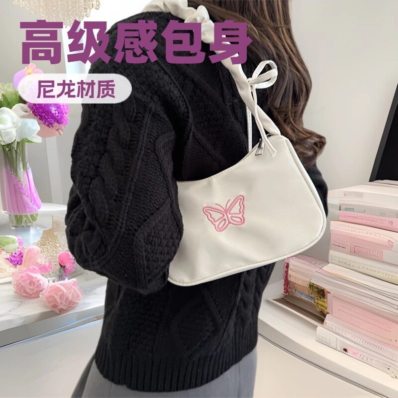 韩国手提尼龙布包包女2026新款潮流时尚刺绣腋下包百搭单肩蝴蝶包