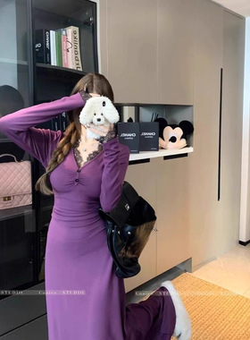 2025新款法式御姐蕾丝边紫色连衣裙女冬季修身加绒内搭包臀裙长裙