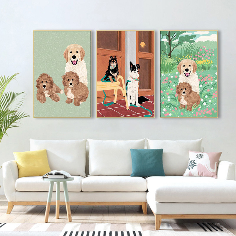 卡通小狗挂画狗狗画像定制可卡比熊拉布拉多小猎兔犬宠物店装饰画