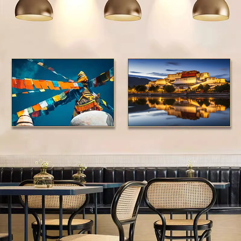 西藏风景装饰画布达拉宫藏式经幡卧室软装装饰品墙饰挂画藏族油画