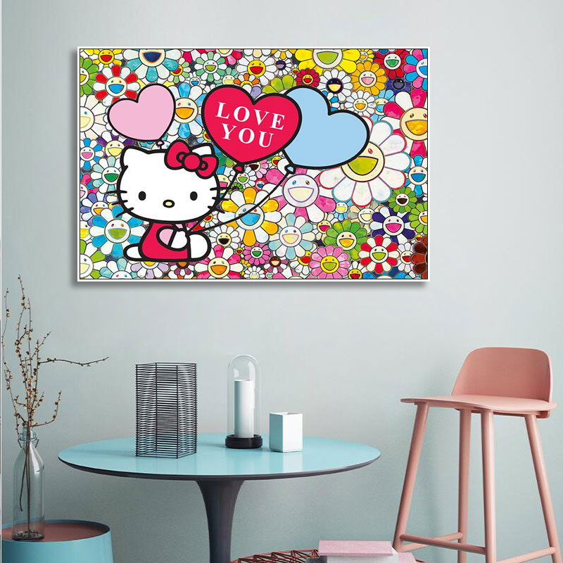 治愈卡通凯蒂挂画小女孩儿童房间布置品太阳花哈喽kitty猫装饰画