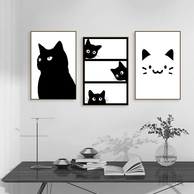 黑白小猫挂画创意可爱卡通动物儿童房装饰画宠物店猫咖背景墙壁画图片