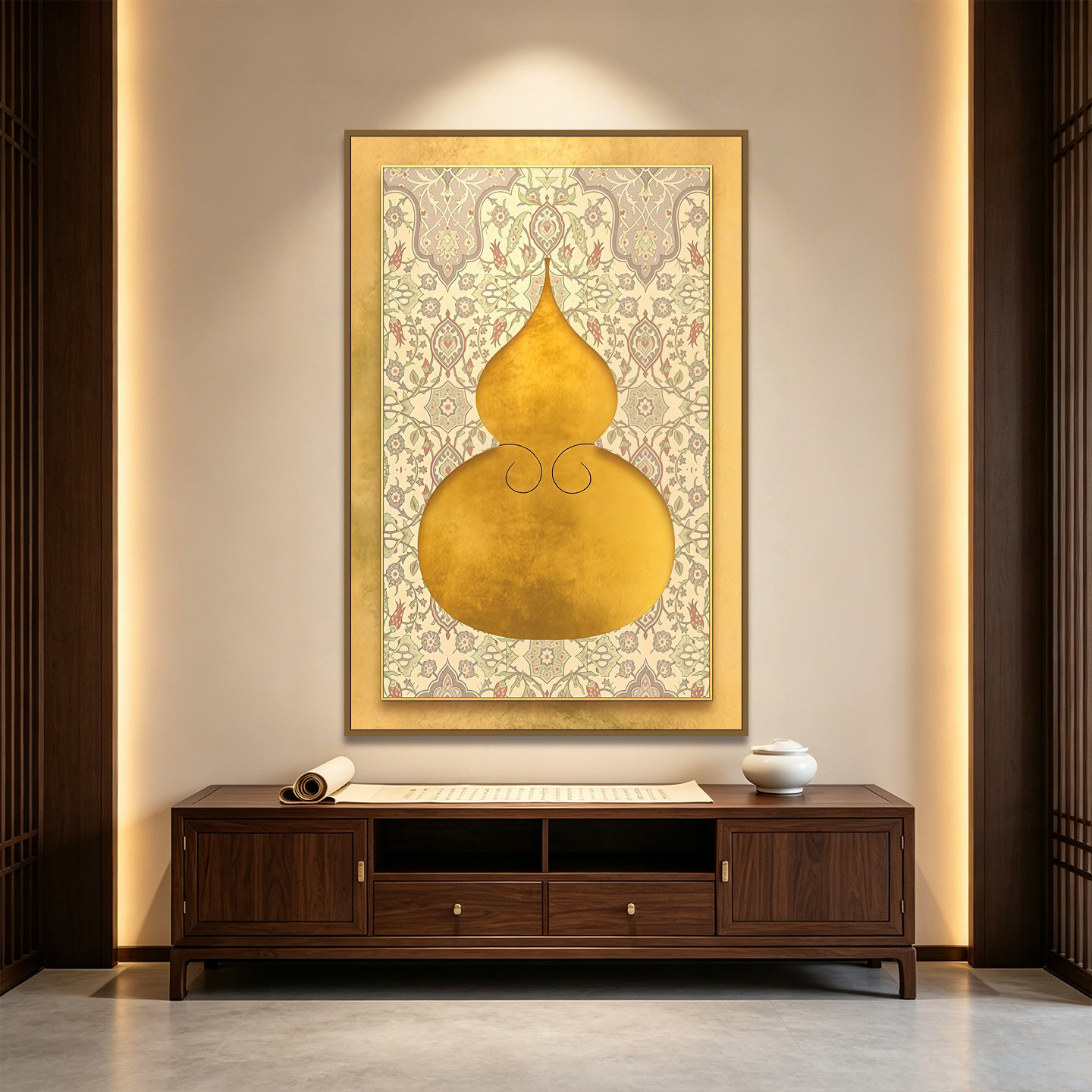 东南亚金色葫芦装饰画入户门玄关挂画客厅背景画复古金福如意壁画