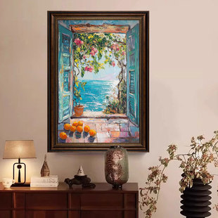 假窗户挂画欧式木框装饰画3D立体视觉延伸空间感油画窗外风景壁画