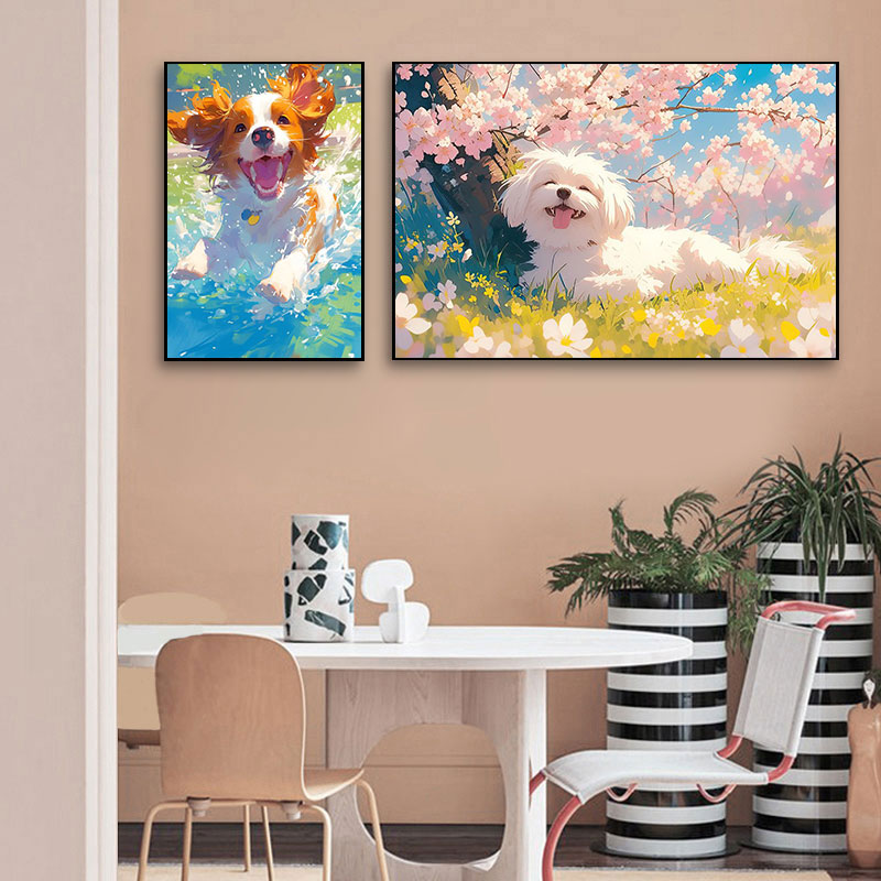 治愈系可爱小狗挂画手绘油画风格狗狗柴犬画像萨摩耶宠物店装饰画
