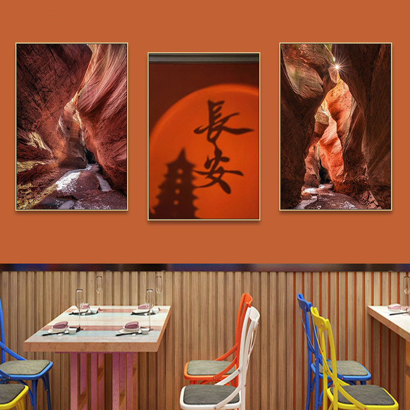 西安古城特色挂画长安庙宇夜景建筑风景大雁塔鼓楼陕西面馆装饰画