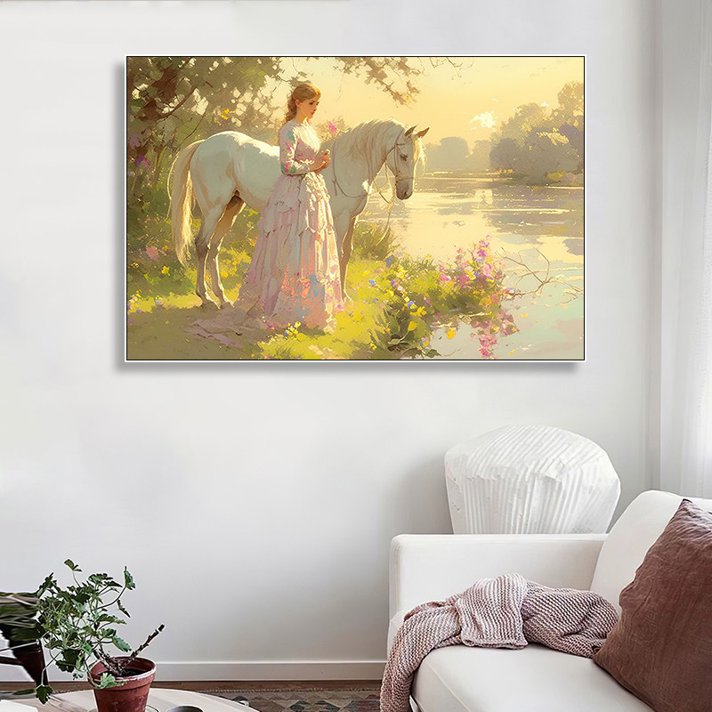 油画风法式少女与白马挂画公主女孩高级感白色小马壁画马的装饰画