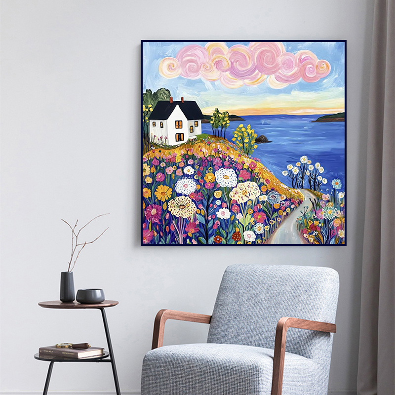 海边小镇风景油画挂画治愈系手绘好看的彩色花卉房子儿童房装饰画图片