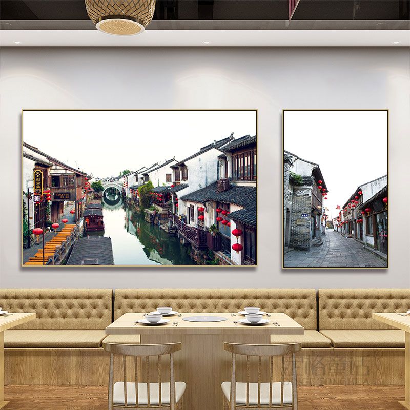 江南水乡客厅玄关挂画徽派建筑餐厅饭店农家乐装饰画茶室山水壁画图片