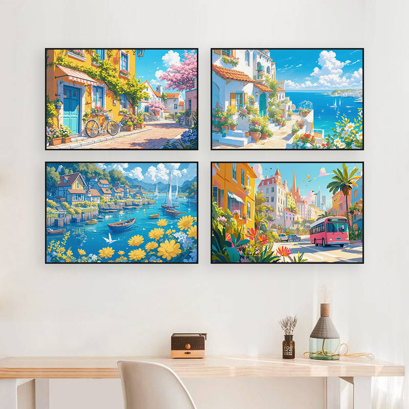 多巴胺蓝天白云装饰画手绘油画宫崎骏风格动漫地中海风景海边挂画