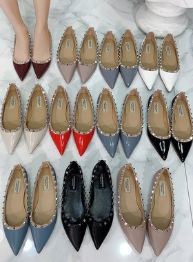 新品百搭V家铆钉鞋平底鞋一脚蹬真皮鞋尖头大码女鞋41一43柳丁鞋