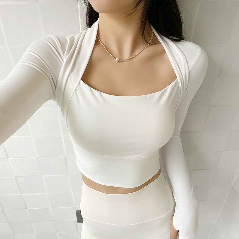 带胸垫假两件披肩裸感瑜伽上衣女