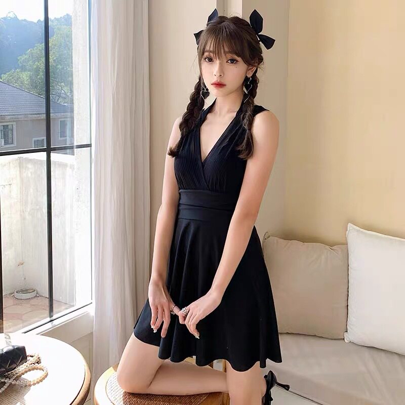 猫家 性感V领挂脖系带遮肉显瘦游泳温泉度假网纱美背钢托聚拢泳衣