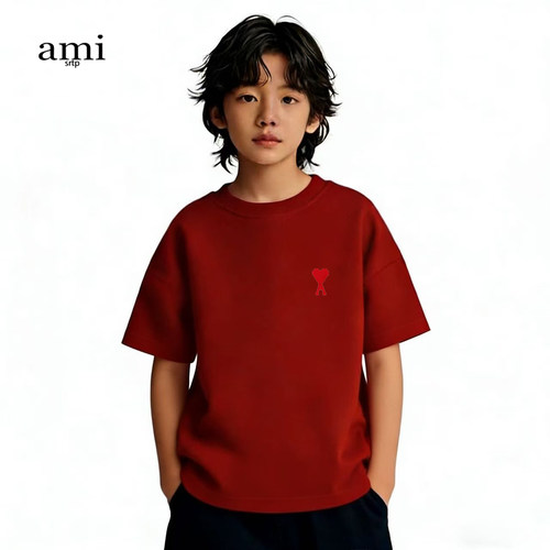 官方Ami srtp儿童白色纯棉短袖t恤2026夏季新款宽松体恤运动上衣