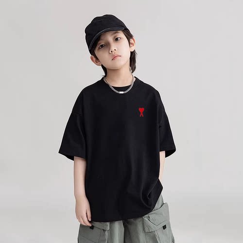 官方Ami srtp白色纯棉男童短袖t恤2026夏季新款男孩儿童半袖上衣