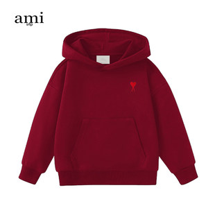 官方Ami srtp酒红色儿童加绒连帽卫衣男女童2026秋冬季长袖上衣