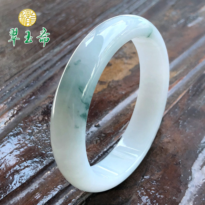 新龙翠玉斋天然翡翠手镯冰糯种飘蓝花玉手镯女款缅甸玉镯子正品