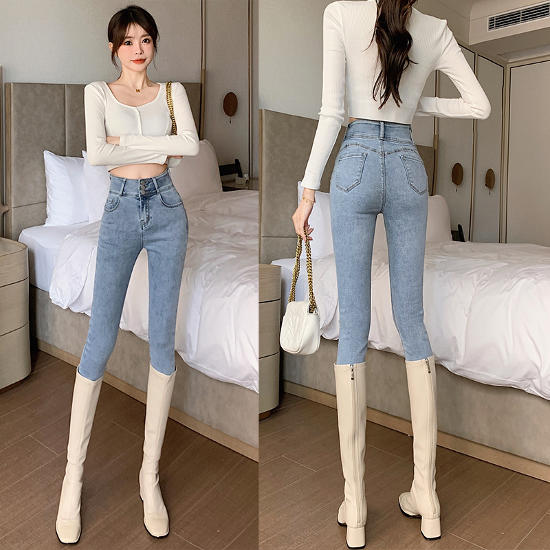 浅色蜜桃臀牛仔裤女2025年秋季新款超高腰显瘦紧身铅笔小脚靴裤子
