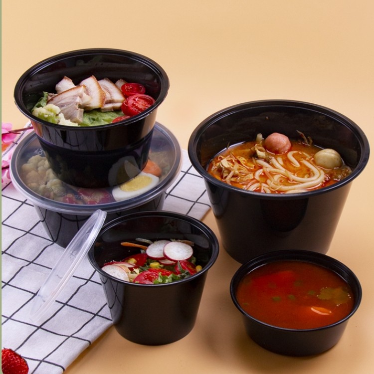 黑色圆形打包盒一次性小碗菜饭盒