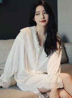 韩版睡衣女春秋新款甜美可爱时尚浴袍家居服女衬衫式睡裙夏季薄款
