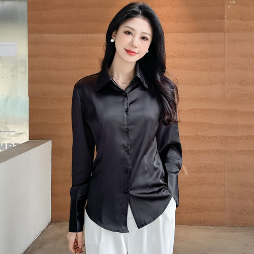 长袖抗皱免烫醋酸缎面黑衬衫女