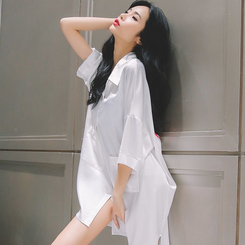 性感睡裙睡衣女春秋男友风冰丝夏季薄款白衬衫宽松中长款可外穿