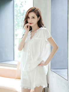 2026新款睡衣女夏季冰丝甜美薄款蕾丝性感短袖雪纺家居服两件套装