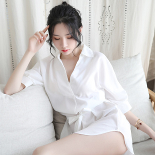 女士白色雪纺薄款男友风衬衣白衬衫夏季性感私房睡衣长款冰丝睡裙