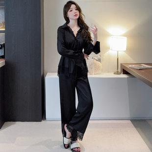 睡衣女款春秋2026新款冰丝黑色蕾丝高级感纯欲长袖长裤家居服套装