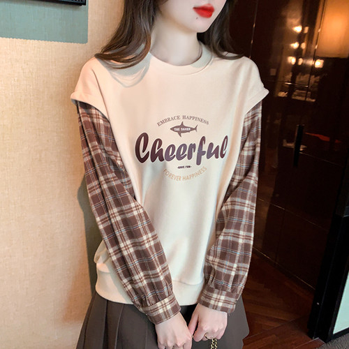 假两件格子拼接春秋宽松韩版圆领