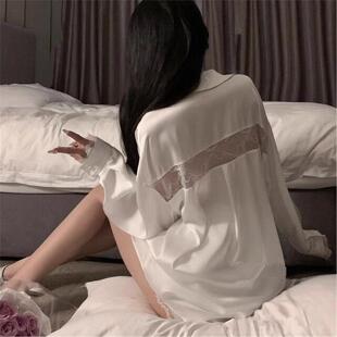 性感睡衣女款春夏2026新款冰丝套装睡裙情趣纯欲蕾丝白色衬衫衬衣