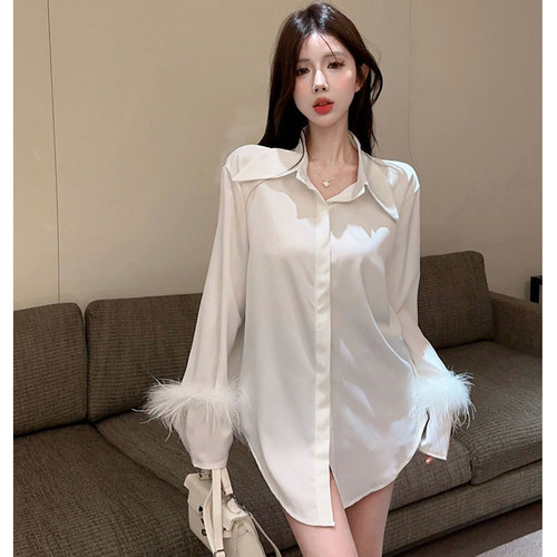 醋酸缎面衬衫女中长款长袖