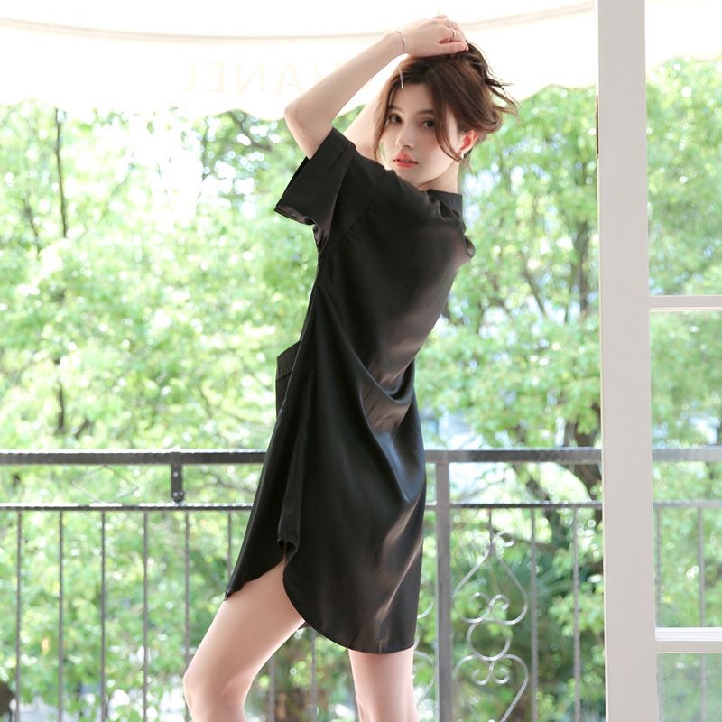 长款冰丝睡衣女夏季2025新款性感短袖衬衣睡裙宽松丝绸白衬衫春秋