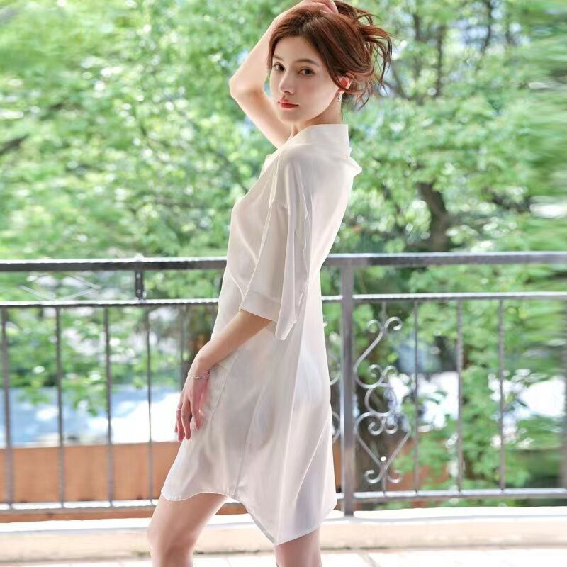 性感冰丝衬衫睡裙女春夏薄款纯欲男友风中长款丝滑白色开衫家居服