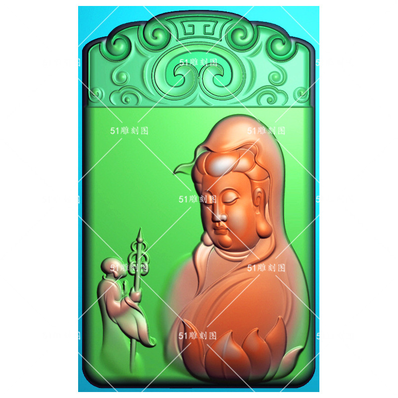 精雕图jdp灰度bmp木雕gyb-390玉雕仿古云纹牌头悟道半身观音挂件