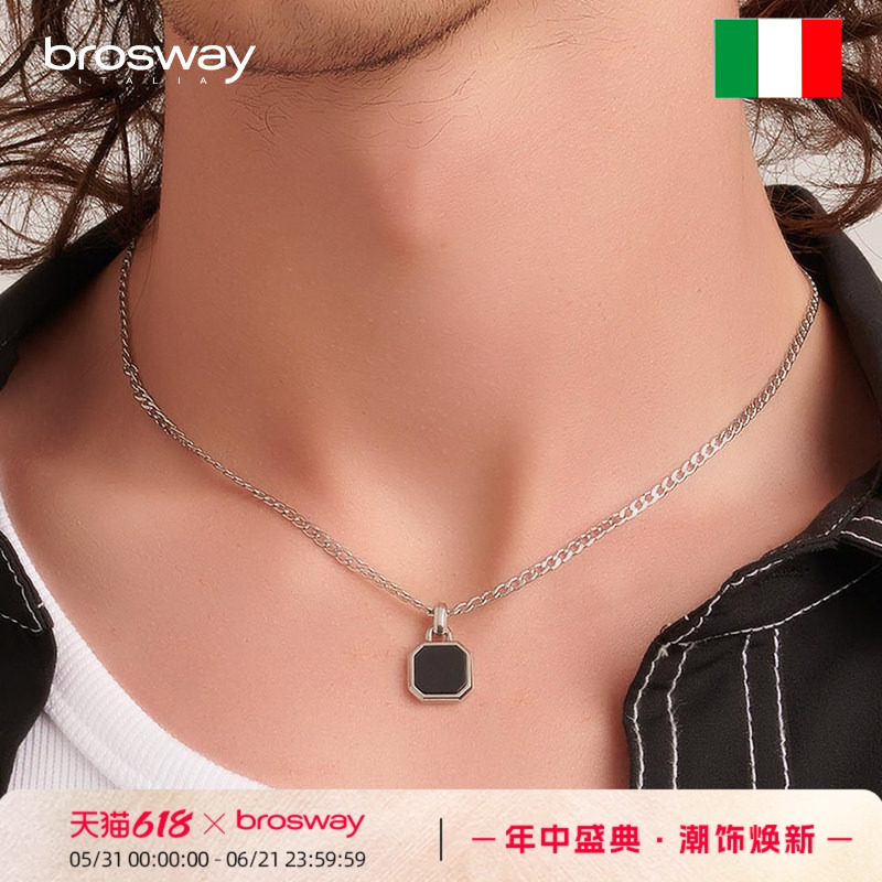 brosway欧美时尚黑玛瑙项链男士钛钢小众高级感配饰礼物送男友