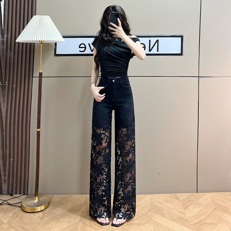 时髦蕾丝镂空阔腿牛仔裤女2026年图片