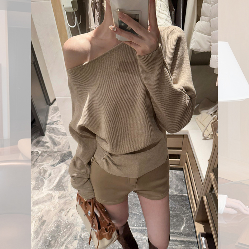 法式斜肩长袖针织衫女春秋季高级感超好看内搭打底收腰小个子上衣
