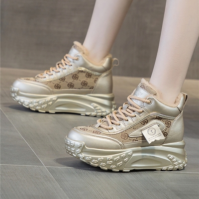 新款2025冬加绒加厚内增高老爹鞋女款真皮高帮厚底运动休闲鞋四季