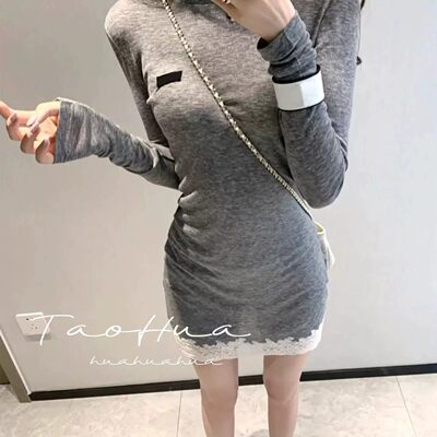 蕾丝边拼接长袖打底连衣裙女