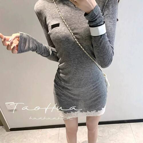 蕾丝边拼接长袖打底连衣裙女
