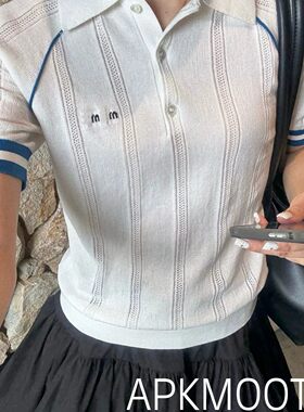 撞色边polo领羊绒针织上衣女
