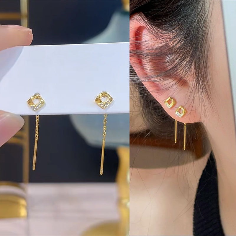 金色方块流苏耳线耳环女