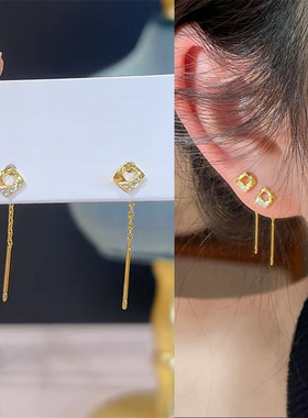 金色方块流苏耳线耳环女