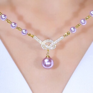 高级感紫色微镶满钻同心结珍珠项链女时尚气质锁骨链轻奢百搭颈链