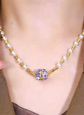 有球必应紫色锆石钻球磁吸项链女