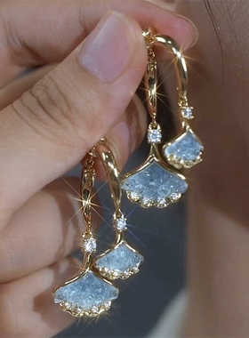 设计感蓝色银杏叶耳环女时尚高级感前后戴耳钉轻奢气质爆款耳饰潮
