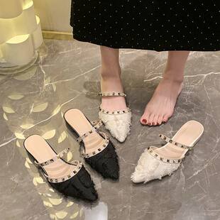 包头半拖女夏外穿水钻铆钉尖头矮跟低跟粗跟浅口穆勒鞋配裙子凉鞋