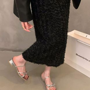 外穿蝴蝶结凉鞋 夏季 时尚 小凉拖 法式 仙女鞋 粗跟银色拖鞋 子2025新款